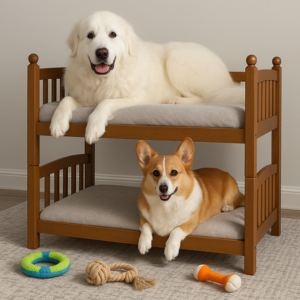 Two dogs on dog bunk beds. The top dog is a Great Pyrenees and the dog on the bottom is a Corgi. There are dog toys strewn on the ground in front of the bed.